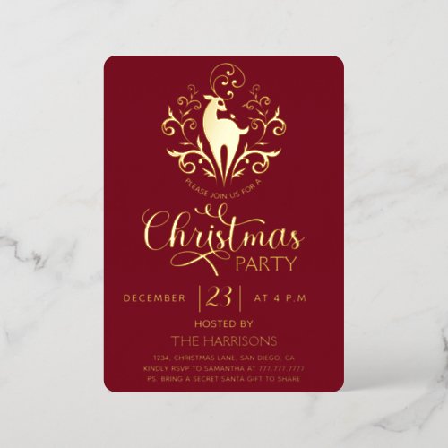 Elegant Gold Swirly Deer Modern Burgundy Christmas Foil Invitation