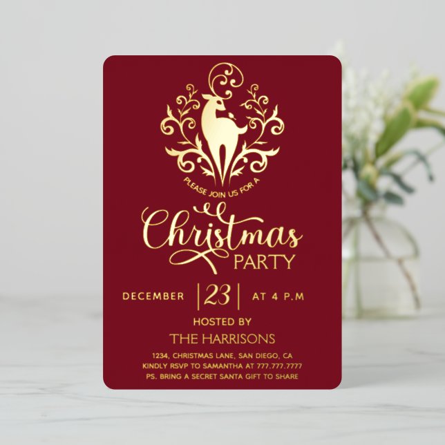 Elegant Gold Swirly Deer Modern Burgundy Christmas Foil Invitation (Standing Front)