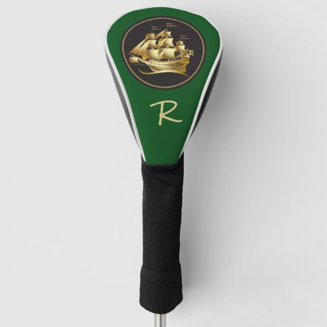 Elegant Gold Tall Masted Ship with Monogram Golf Head Cover (Front)