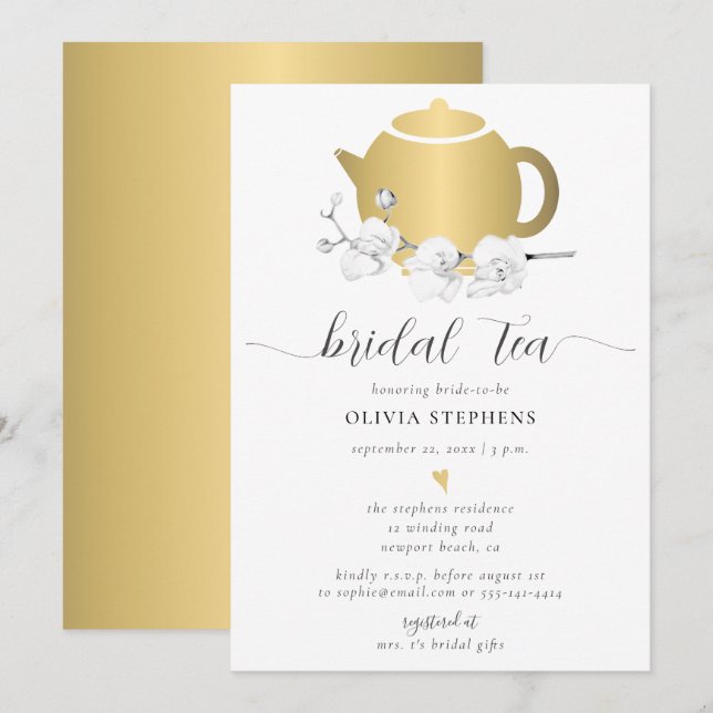 Elegant Gold Tea Pot Orchid Floral Chic Bridal Tea Invitation (Front/Back)
