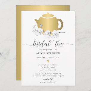 Elegant Gold Tea Pot Orchid Floral Chic Bridal Tea Invitation