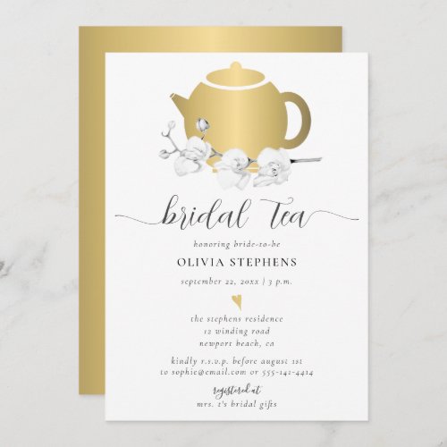Elegant Gold Tea Pot Orchid Floral Chic Bridal Tea Invitation