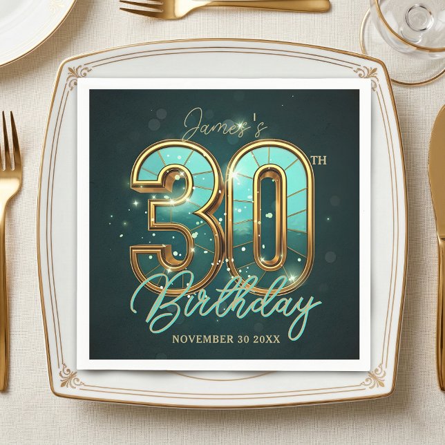 Elegant Gold Teal 3D Typography 30th Birthday Napkins (Creator Uploaded)