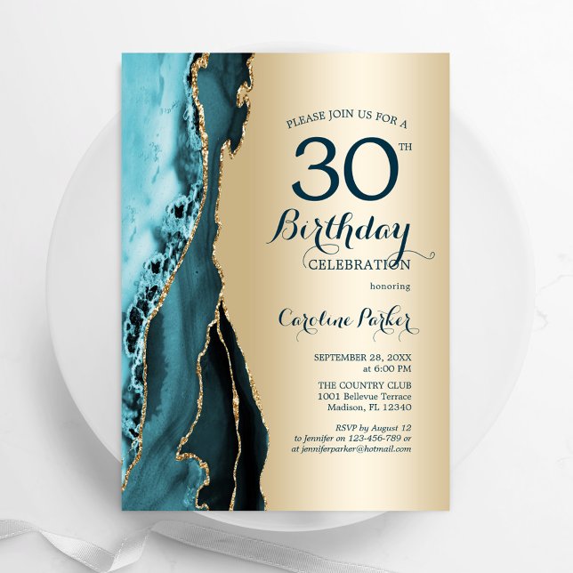 Elegant Gold Teal Agate 30th Birthday Invitation (Creator Uploaded)