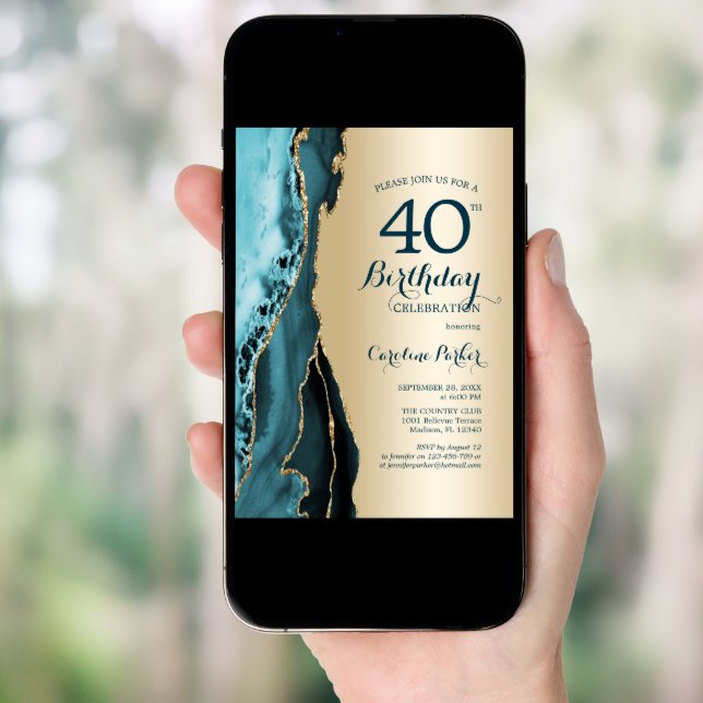 Elegant Gold Teal Agate 40th Birthday Invitation (Front Digital)