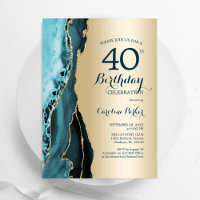 Elegant Gold Teal Agate 40th Birthday