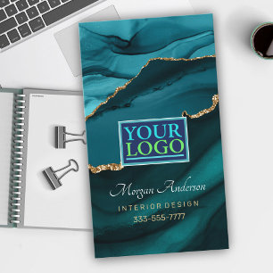 Elegant Gold & Teal Agate, QR Code Logo Pro Business Card