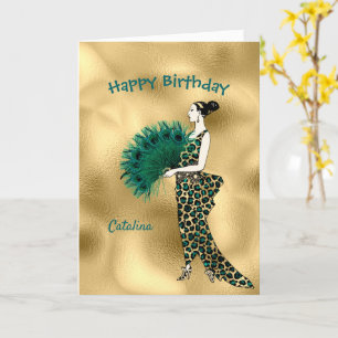 Elegant Gold Teal Art Deco Lady Birthday Card
