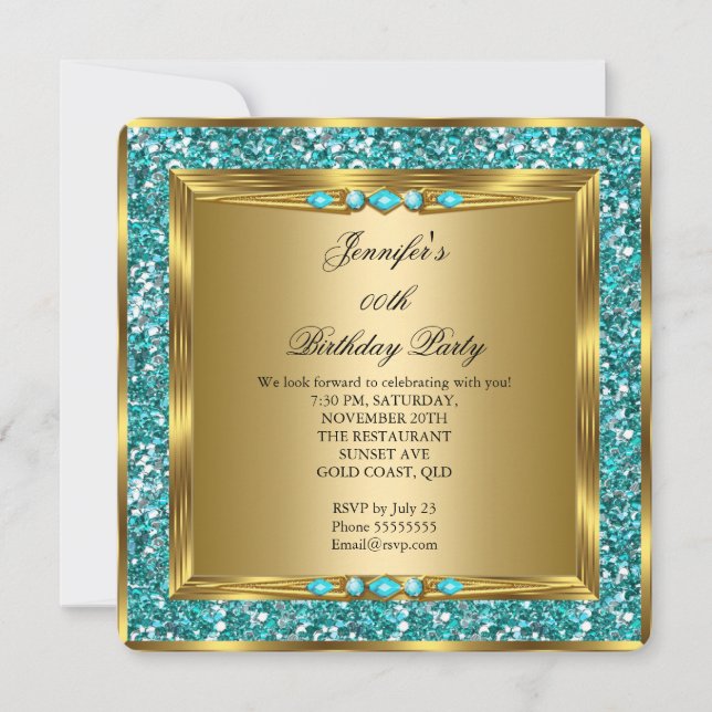 Elegant Gold Teal Blue Faux Glitter Birthday Party Invitation (Front)