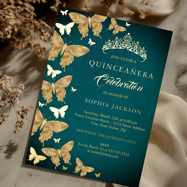 Elegant Gold Teal Butterfly Quinceanera Foil Invitation (Creator Uploaded)
