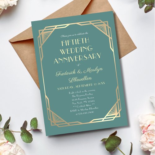 Elegant Gold Teal Fiftieth Wedding Anniversary Invitation