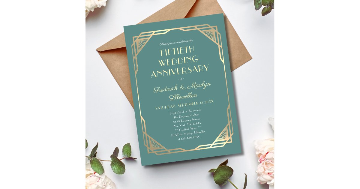Elegant Gold Teal Fiftieth Wedding Anniversary Invitation | Zazzle