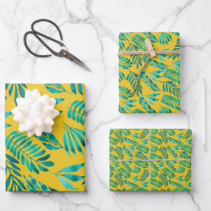 Elegant Gold Teal Foliage Leaf Pattern Wrapping Paper Sheets