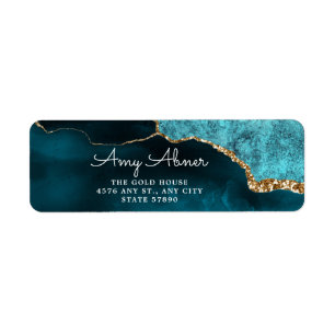 Elegant Gold Teal Glitter Agate Return Address Label