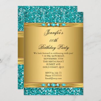 Elegant Gold Teal Glitter Diamond Birthday Party Invitation by Zizzago at Zazzle