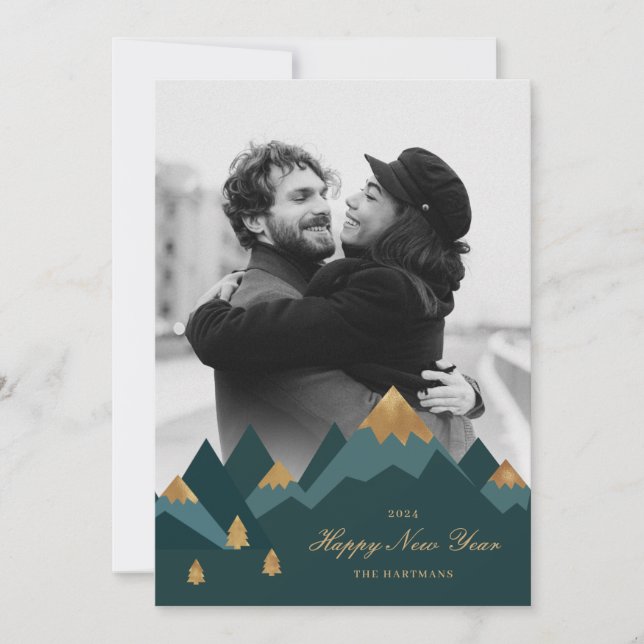 Elegant Gold Teal Mountains Photo New Year Holiday Card (Front)