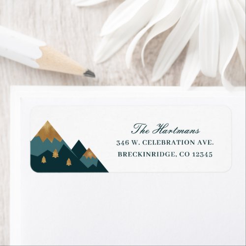 Elegant Gold Teal Mountains Return Address  Label