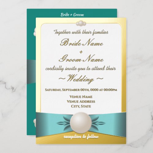 Elegant Gold  Teal Pearl Ribbon Photo Wedding Foil Invitation