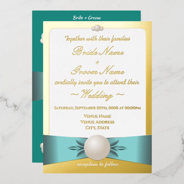 Elegant Gold & Teal Pearl Ribbon Photo Wedding Foil Invitation (Front/Back)