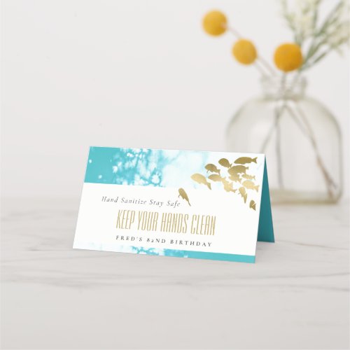 Elegant Gold Teal Underwater Fish Any Age Birthday Place Card