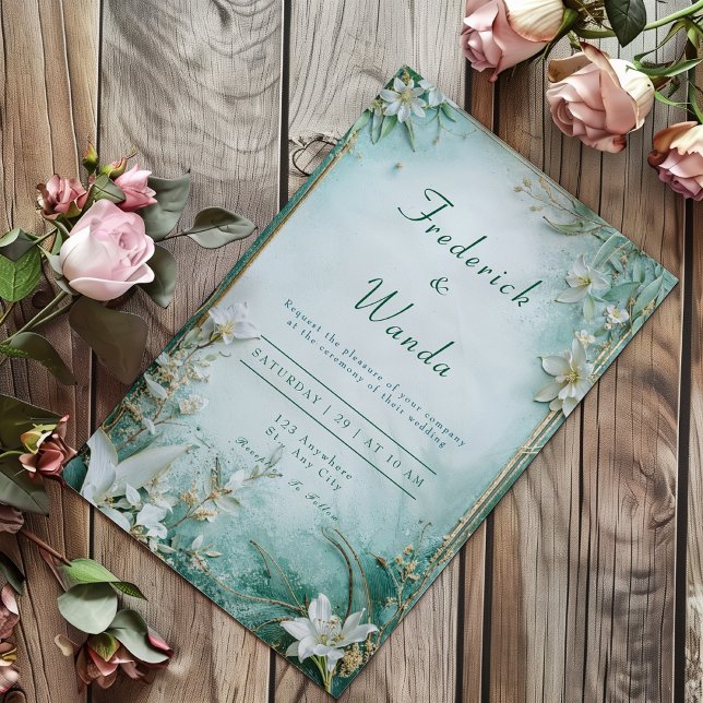 Elegant Gold Teal White Lily Floral Summer Wedding Invitation (Creator Uploaded)