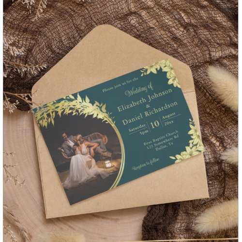 Elegant Gold Teal With Lilies Photo Wedding Invitation