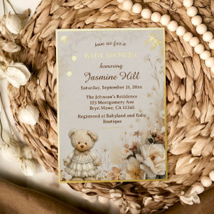 Elegant Gold Teddy Bear Baby Shower Foil Invitation