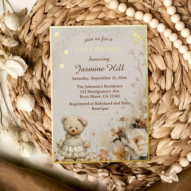 Elegant Gold Teddy Bear Baby Shower Foil Invitation (Creator Uploaded)