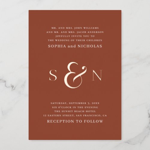 Elegant gold terracotta typography details wedding foil invitation