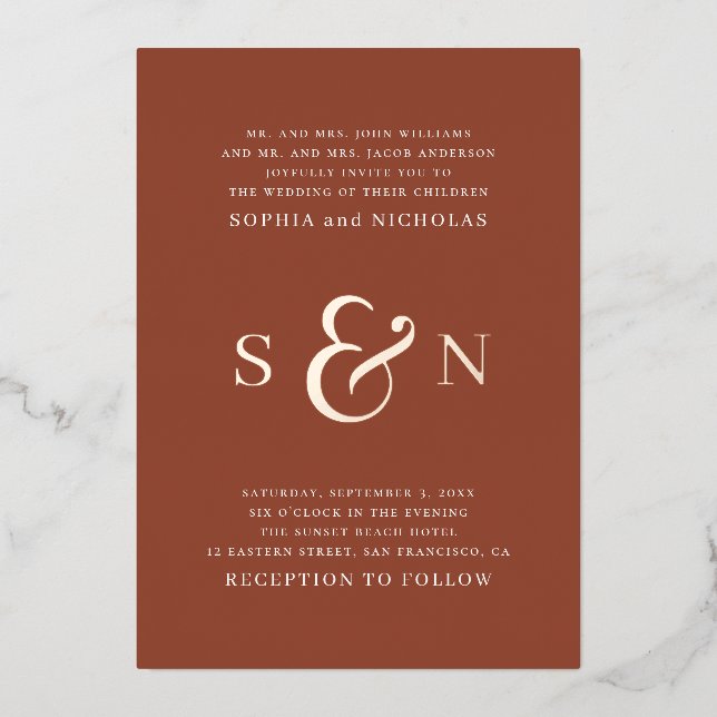 Elegant gold terracotta typography details wedding foil invitation (Front)