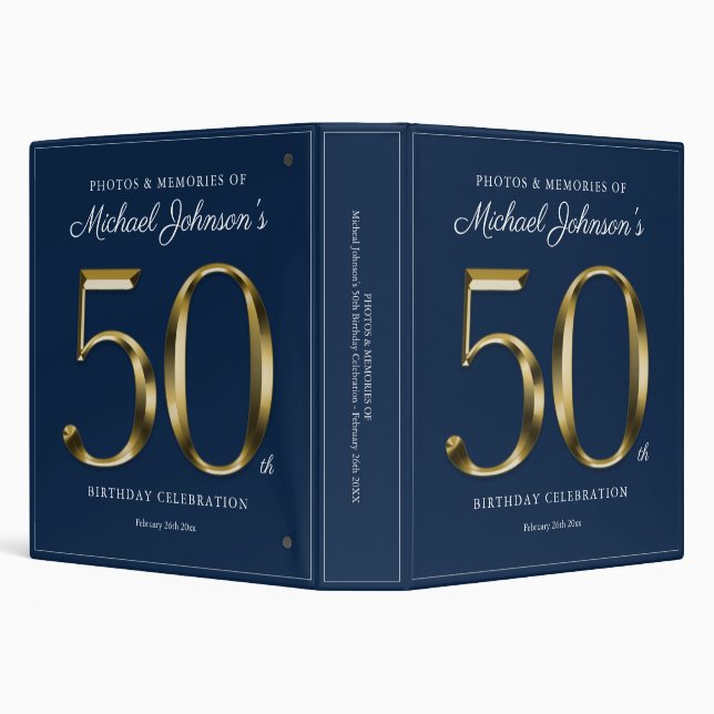 Elegant Gold Text 50th Birthday Navy Blue Custom  3 Ring Binder (Background)