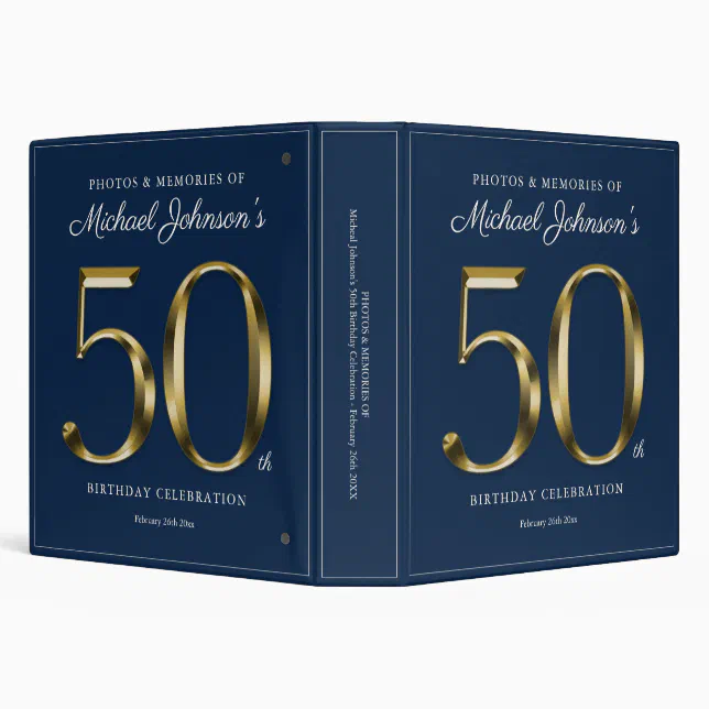 Elegant Gold Text 50th Birthday Navy Blue Custom 3 Ring Binder | Zazzle