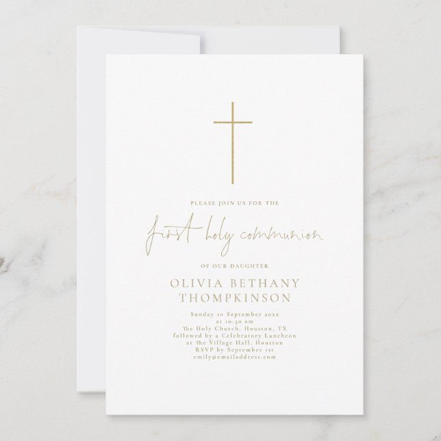 Elegant Gold Text Cross First Holy Communion Invitation (Front)