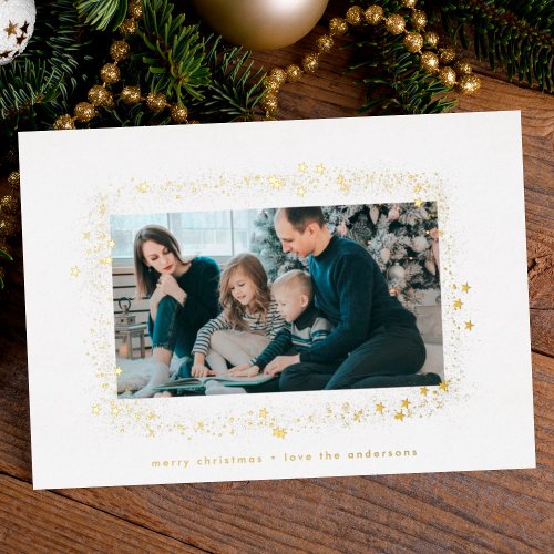 elegant gold text dust stars christmas photo frame foil holiday card