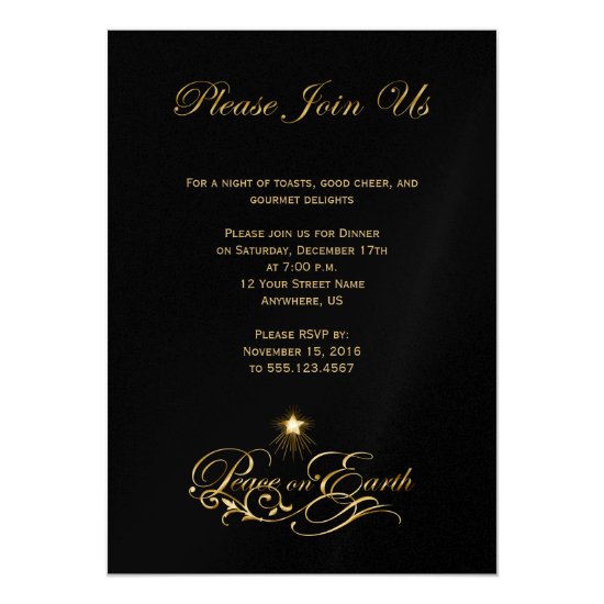 Elegant Gold Text Peace On Earth Black Invite