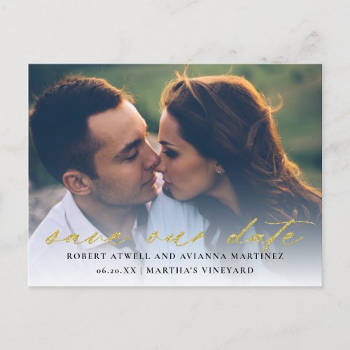 Elegant Gold Text Photo Wedding Save the Date Announcement Postcard