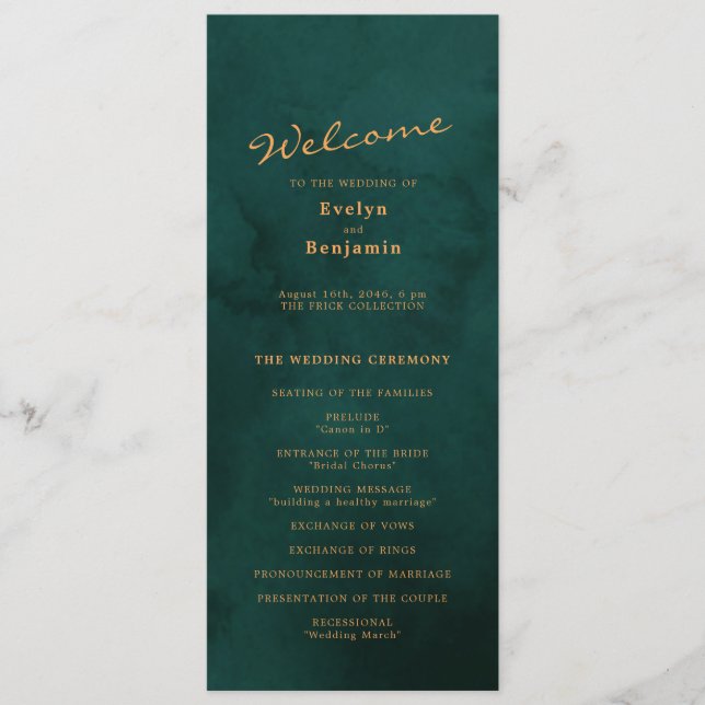 Elegant Gold Text with Green Background Wedding Program (Front)