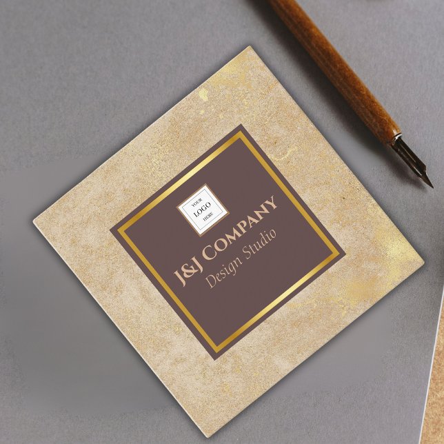 Elegant Gold Texture Brown Frame Logo Square Business Card (Creator Uploaded)