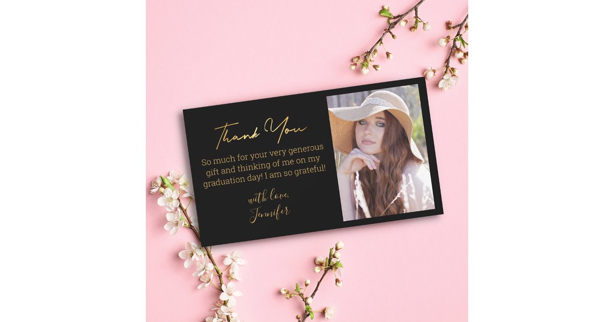 elegant gold thank you graduation photo black note card | Zazzle