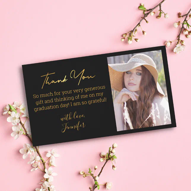 elegant gold thank you graduation photo black note card | Zazzle