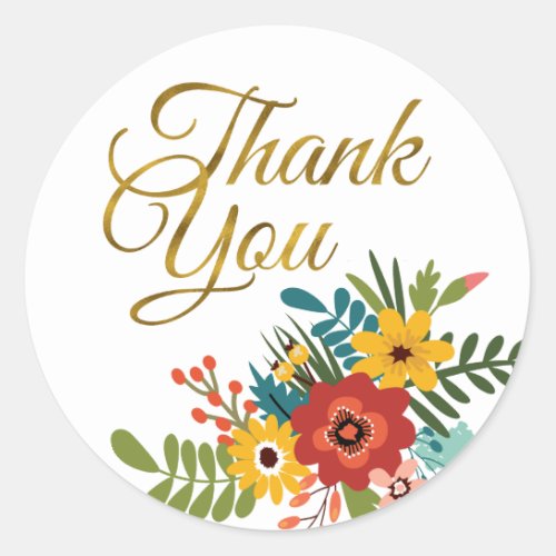 Elegant Gold Thank You Typography Colorful Floral Classic Round Sticker