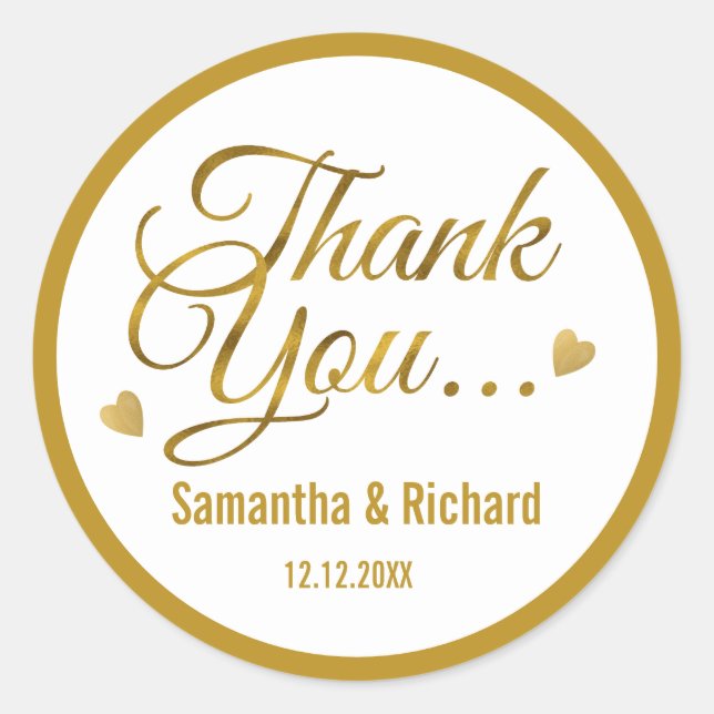 Elegant Gold Thank You Wedding Favor Classic Round Sticker (Front)