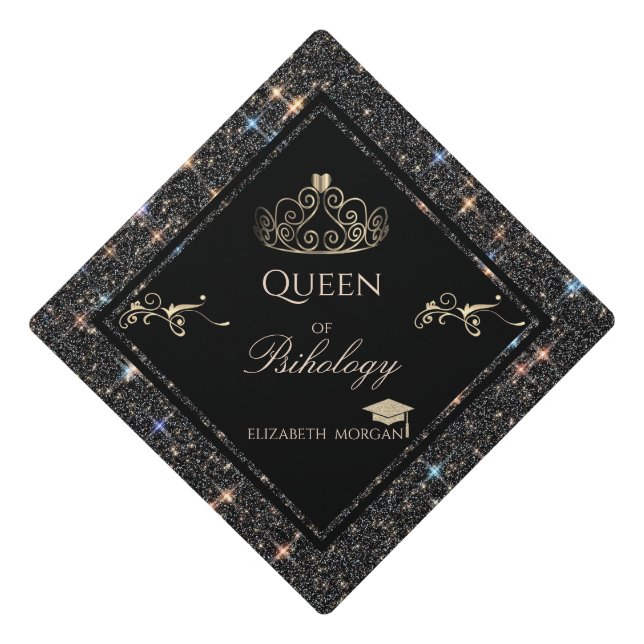 Elegant Gold Tiara Black Glitter Graduation Cap (Front)
