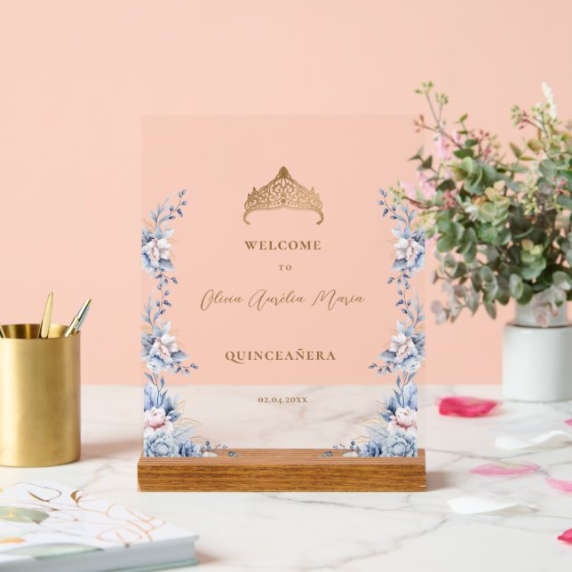 Elegant Gold Tiara Blue Floral Quinceañera Acrylic Sign (Wedding)