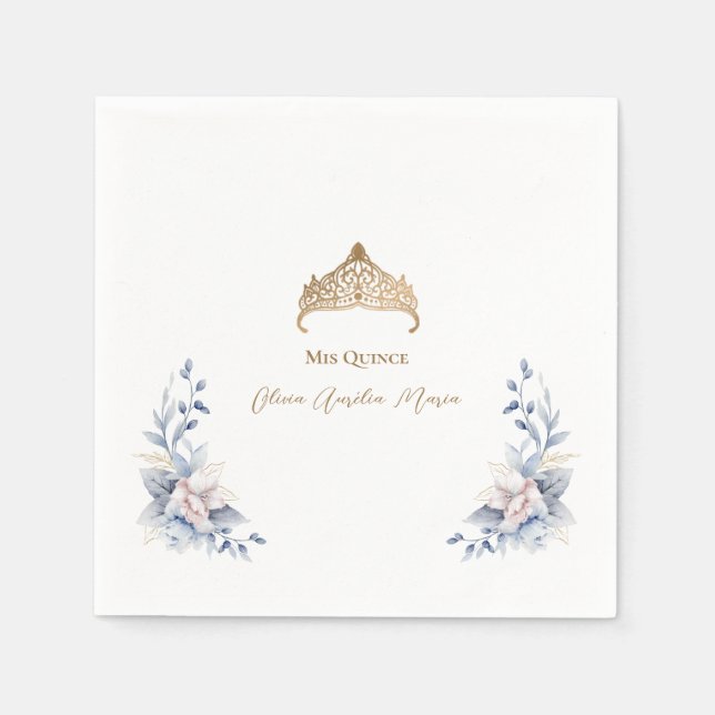 Elegant Gold Tiara Blue Floral Quinceañera Napkins (Front)