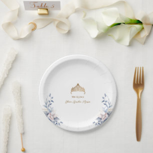 Elegant Gold Tiara Blue Floral Quinceañera Paper Plates