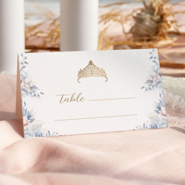 Elegant Gold Tiara Blue Floral Quinceañera Place Card (Creator Uploaded)