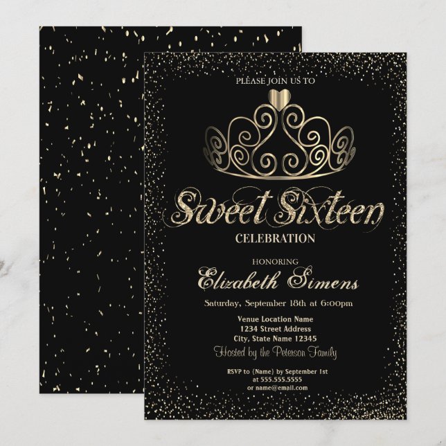 Elegant Gold Tiara Confetti  Sweet 16 Invitation (Front/Back)