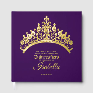Elegant Gold Tiara Crown Quinceañera Birthday Foil Guest Book