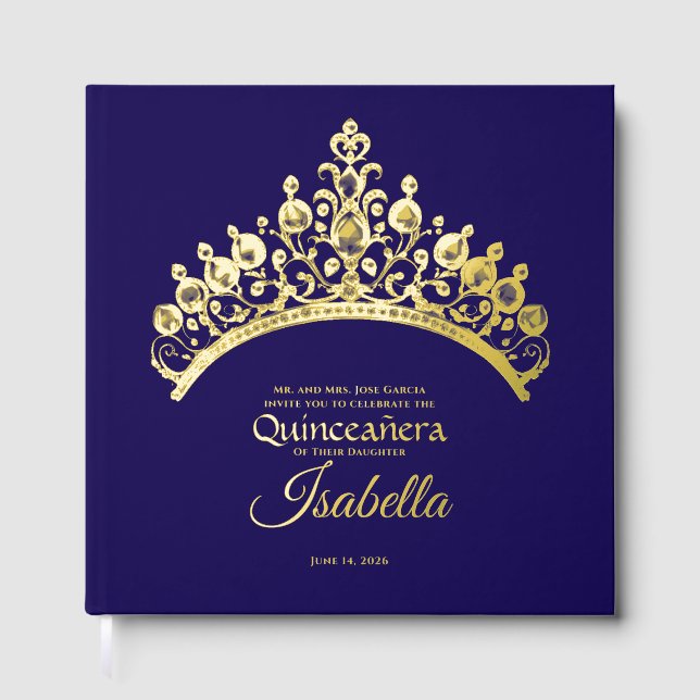 Elegant Gold Tiara Crown Quinceañera Birthday Foil Guest Book (Front)
